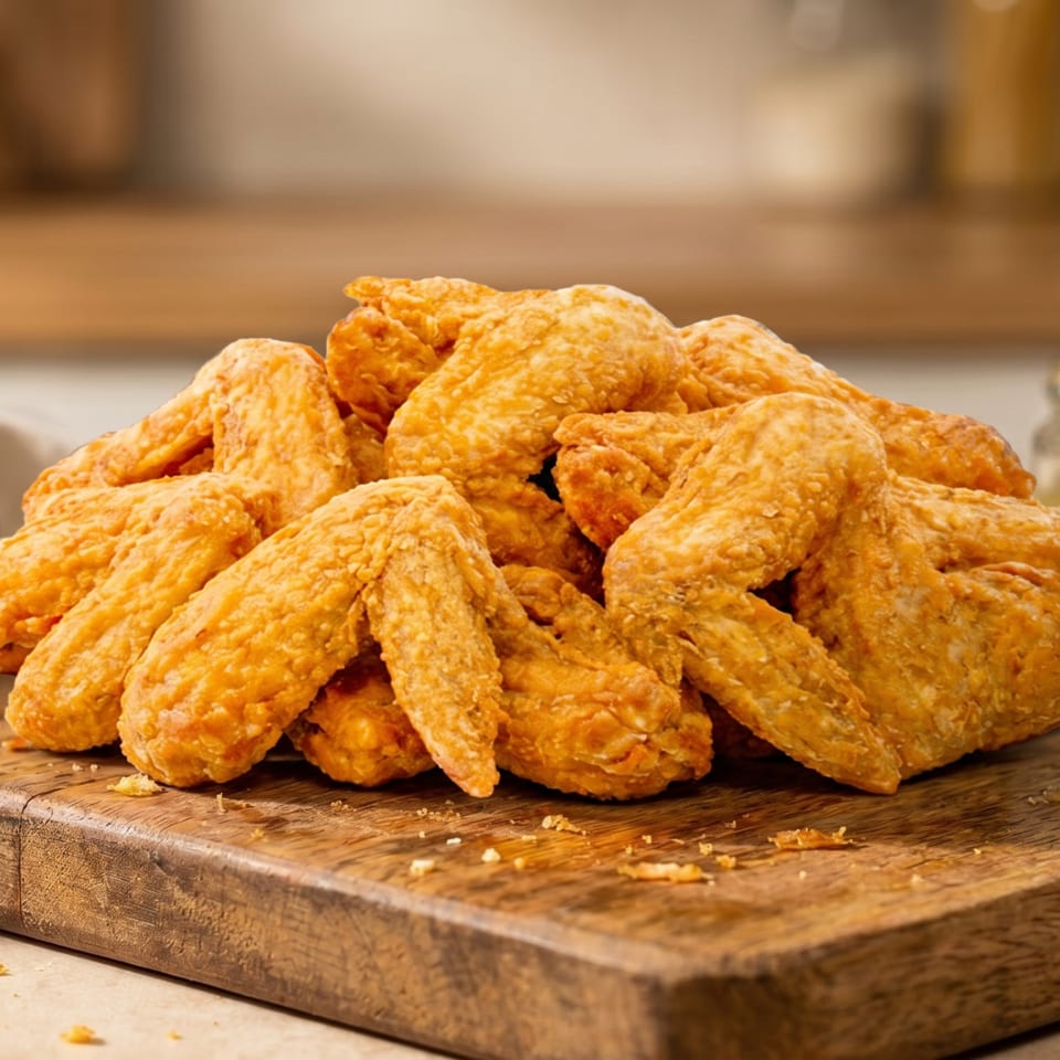 Golden fried chicken wings piled high on a rustic wooden cutting board with pickles and herbs.