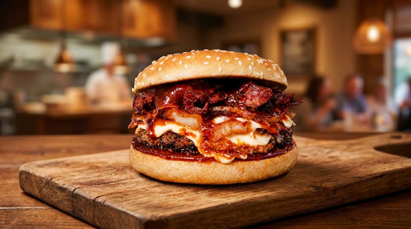 Gourmet burger with pulled pork, cheese, and BBQ sauce on a wooden board in a restaurant.