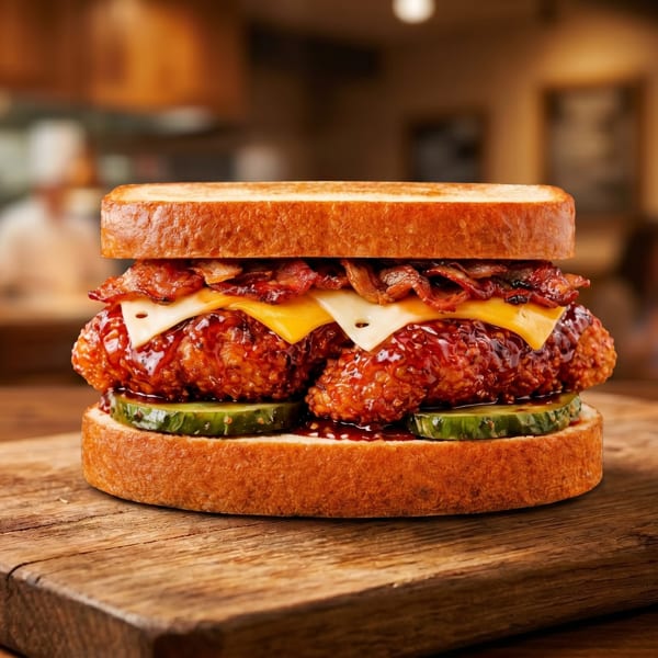 A crispy chicken sandwich with bacon, cheese, and pickles on toasted bread, on a wooden board.