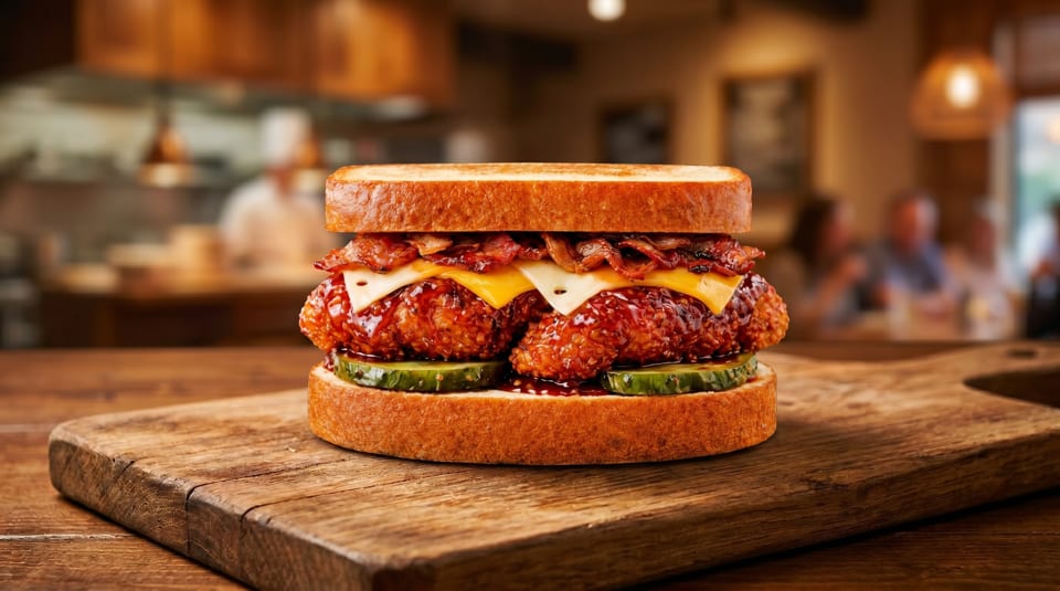 A crispy chicken sandwich with bacon, cheese, and pickles on toasted bread, on a wooden board.