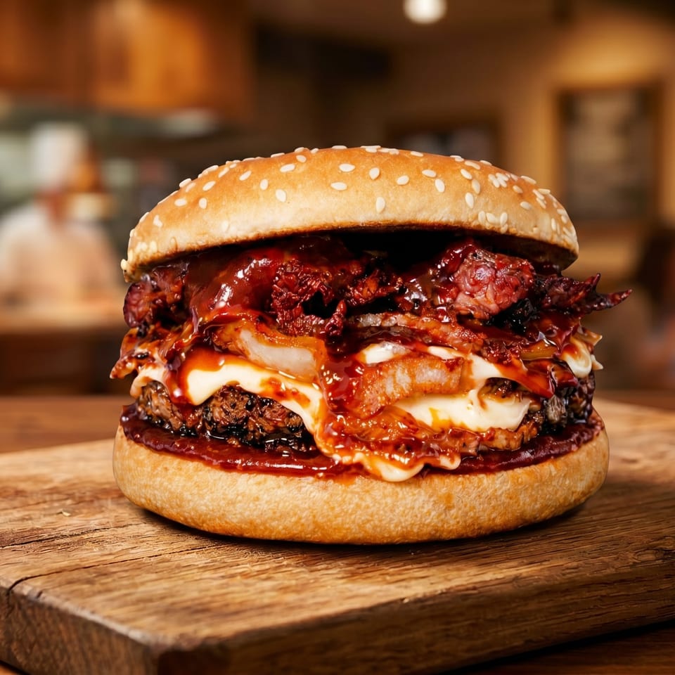 A large burger with pulled pork, cheese, and BBQ sauce on a wooden board in a restaurant.