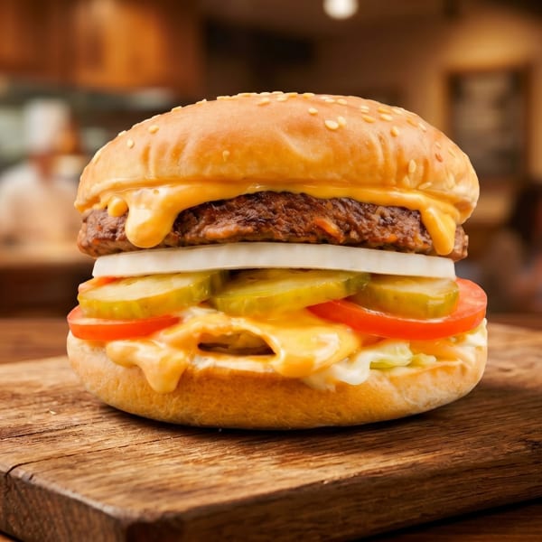 Cheeseburger with melted cheese, onions, pickles, and tomatoes on a wooden board in a restaurant.