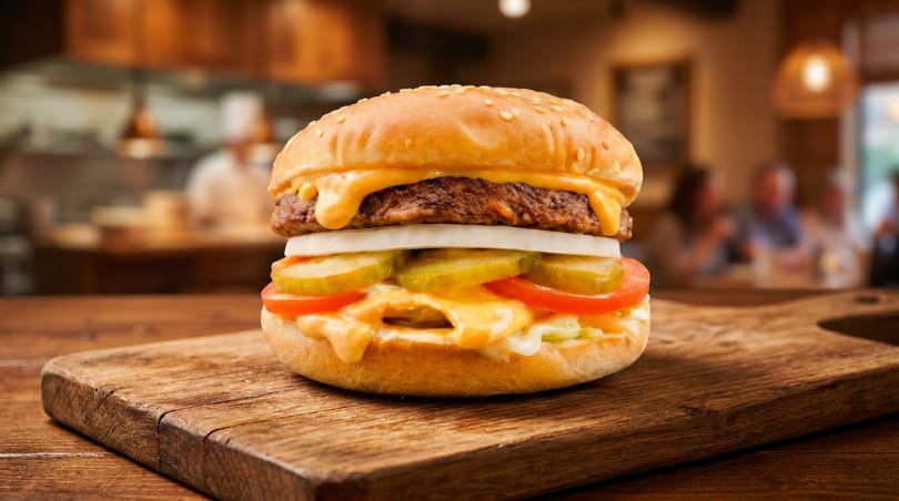 Cheeseburger with melted cheese, onions, pickles, and tomatoes on a wooden board in a restaurant.