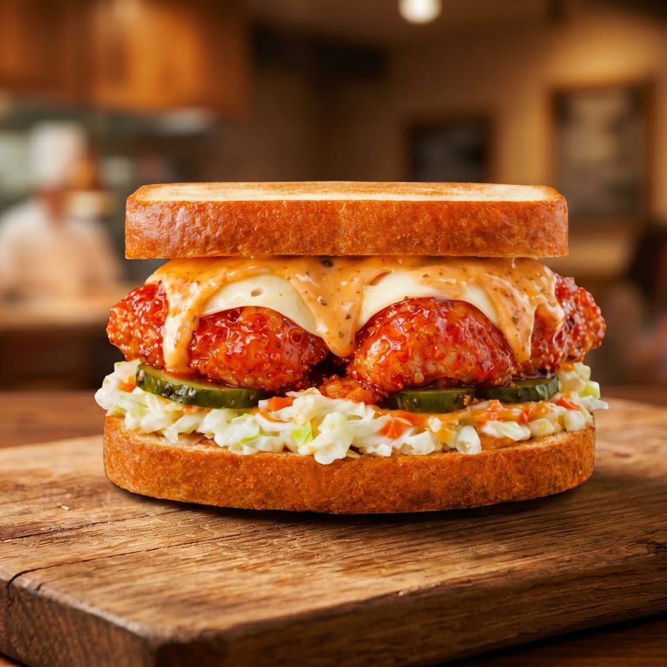 Spicy chicken sandwich with coleslaw, pickles, and sauce on toasted bread, on a wooden board.