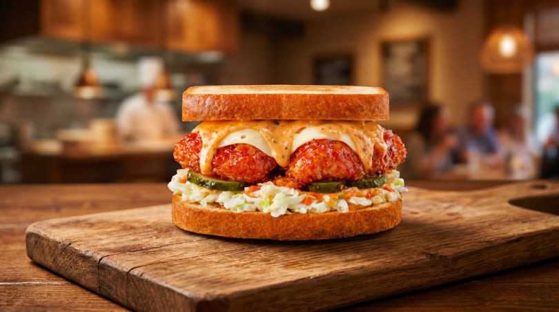 Spicy chicken sandwich with coleslaw, pickles, and sauce on toasted bread, on a wooden board.