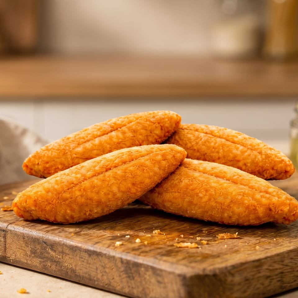 Four golden-brown fried croquettes on a wooden board with pickles and herbs in the background.