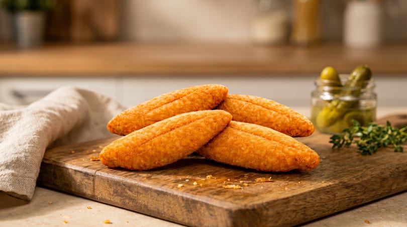 Four golden-brown fried croquettes on a wooden board with pickles and herbs in the background.