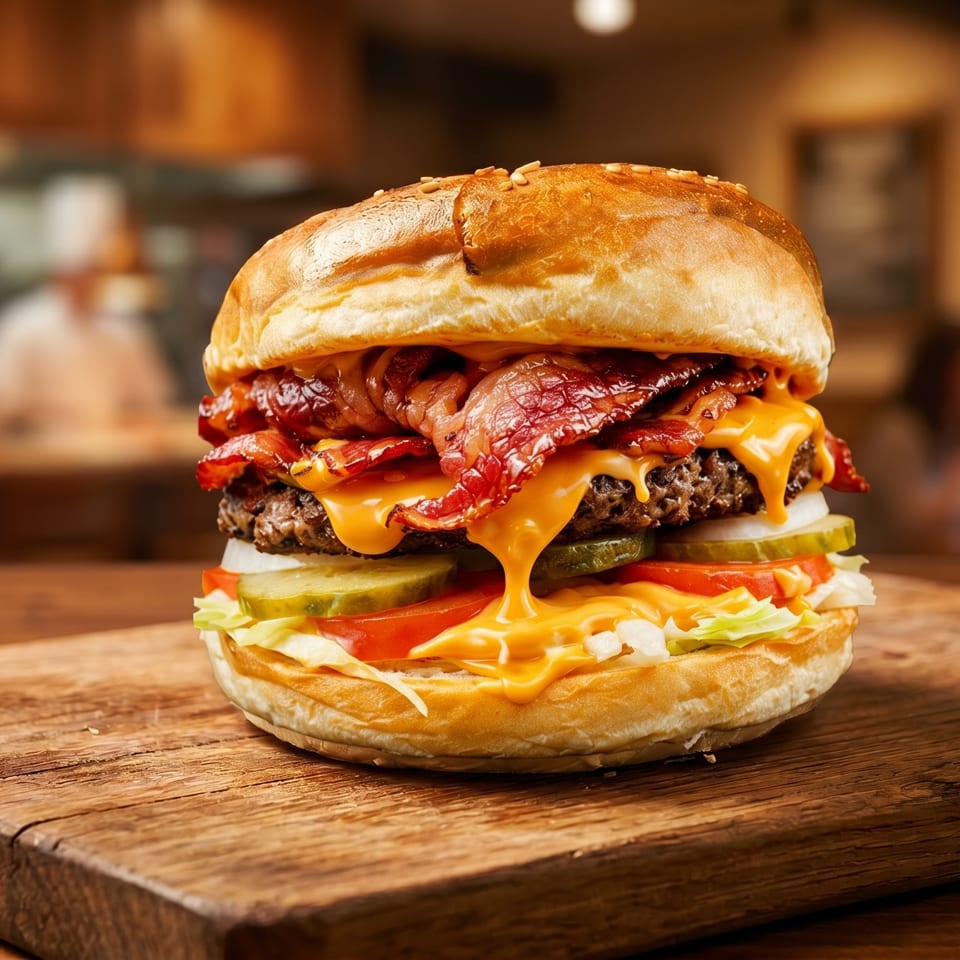 A juicy bacon cheeseburger with melted cheese, lettuce, tomato, and pickles on a wooden board.