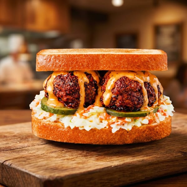 Meatball sandwich with sauce, pickles, and coleslaw on a wooden board in a restaurant setting.