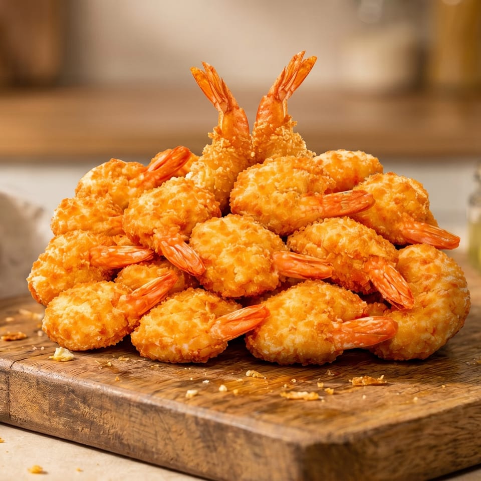 A large pile of golden-brown fried shrimp with tails on, served on a wooden cutting board.
