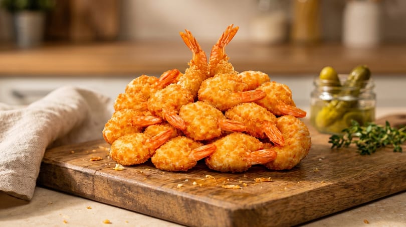 A large pile of golden-brown fried shrimp with tails on, served on a wooden cutting board.