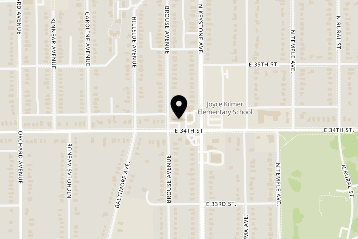 Map showing the location of Chic N Chip 34th St on 2304 E 34th St in Indianapolis